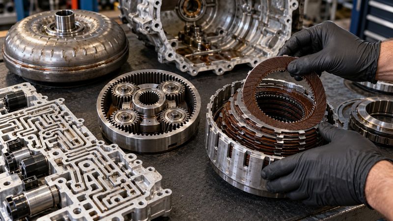 Automatyczna skrzynia biegów z widocznymi pakietami sprzęgieł i przekładnią planetarną